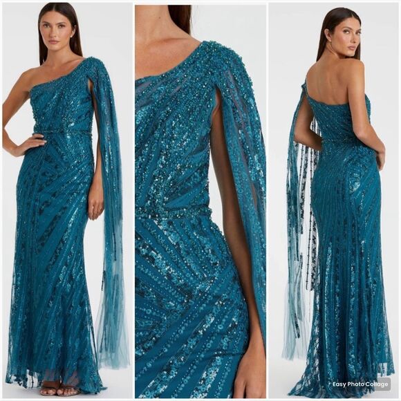 Mac Duggal 20528 Womens Blue One Shoulder Cape Sleeve Embellished Gown - Picture 1 of 15